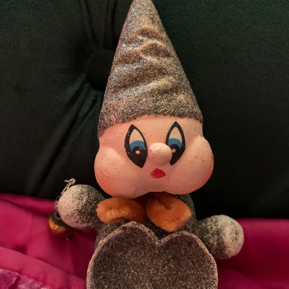 Antique paper mache silver glitter elf